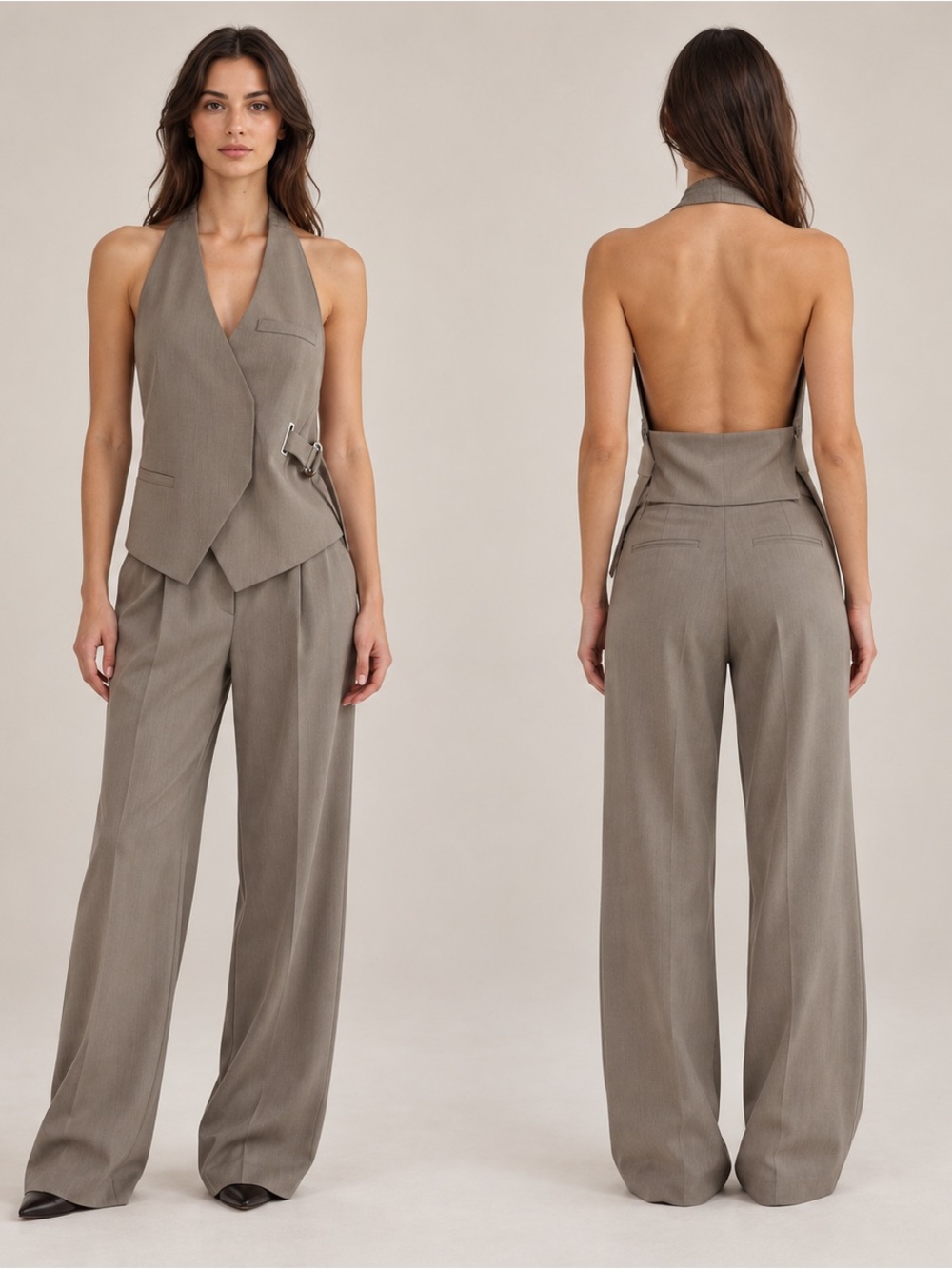 IXOS Clay Taupe Backless Halter Vest Buckle Detail Large IT 46 NWT